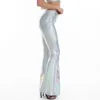 セクシーなPUレザーメタリックパンツ光沢のあるホログラフィックフレアの女性の女の子ボディコン弾性ウエストベルボトムズボンクラブウェア210925