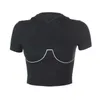 Summer skinny hooded short sleeve top women's open navel fashion street sports T-shirt contrast black 210604
