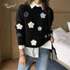 Korean Floral Stickerei Pullover Pullover Hohe Qualität Frauen Elegante O Neck Gestrickte Tops C-089 210914