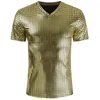 Goldbeschichtetes metallisches T-Shirt Männer Shinny Casual V-Ausschnitt Herren T-Shirt Nachtclub Hemden Hip Hop T-Shirt Top Plaid Harajuku Streetwear 210524