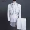 Czarny Tuxedo Slim Fit Men Suit Set Silver Haftowane Męskie Garnitury z Spodnie Prom Chór Spektakry Scena Kostium Mężczyźni Tailcoat 210524