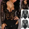 Kadınlar Seksi Uzun Kollu Plagwear Lingerie Dantel Mesh See-Through Deep V yaka Nightwear Bodysuits Erotik Kostüm Bras Setleri 318H