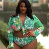 S-5XL Plus Size Swimsuit Two Piece Swimwear Women Leaf Print Monokini High Waist Bathing Suit Summer Long Sleeve Beachwear 210625