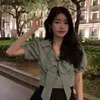 Kvinnor Sommarpuffhylsa Grön Plaid Crop Tops Vintage V-Neck Bow Design Elegant Tröja Koreanska Ladies Sexig Short 210519