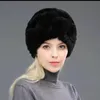 Berets Women Hat Soft Bomber Hats 100% Real Rex Fur Striped Head Top Flower Warm Cap Winter Capica Davi22