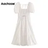 Aachoe Women A Line White Bawełna Midi Sukienka Łuk Krawat Hollow Out Słodkie Sukienki Kwadratowy Kołnierz Krótki Rękaw Casual Sundress 210413