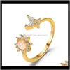 Bant Yüzük Moda Altın Kaplama Opal Ayçiçeği Kristal Rhinestone Tatlı Kelebek Açık Kadın Yüzük Parmak Bantları Tasarımcı Takı Hediyeler E1J2B