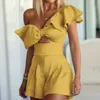 Ruffle Solid Summer Jumpsuits For Women One Shoulder Rompers Female Slim Sleeveless Playsuit Holiday Overalls 210521