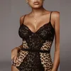 Omsj est sexy corpo feminino macacão moda bodysuits negros para mulheres Leopard Imprimir Phone Out Patchwork Lace Playsuits 210517