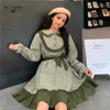 Japonais Lolita Style Automne Printemps Femmes Mignon Robe Peter Pan Col Armée Vert Noir Plaid Kawaii Volants Bow 210520