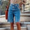 Mulheres tassel cintura alta solta denim shorts verão casual azul joelho comprimento bolso shorts fêmea reta cinco pontos jeans 210416