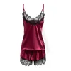 Women's Sleepwear Sexy Satin Pajama Set Black Lace V-Neck Pyjamas Sleeveless Cute Cami Top and Shorts 210830