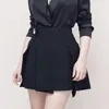 Women Black Office Satin Blazer 2 Piece Set Female Sexy V-neck Shirt Top + High Waist Button Pleated Mini Skirt Suit 210416