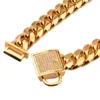 Coleiras de cão coleiras de luxo colar de aço inoxidável durável 14mm ouro grande treinamento cubano link com zirconia cadeia colar cadeia para