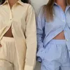Verão Casual Tracksuit Mulheres Shorts Sets Stripe Camisa de Manga Longa e Cintura Alta Dois Peça Set 2021 Calça Suits Femininas Tracksuits