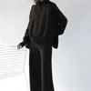 Höst Vinter Enkel Solid Office Lady Set Lös Varm Strikkad Outfit Fashion Turtleneck Pullover och Wide Leg Pants Suit 210930