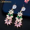 Gorgeous Pink Green Cubic Zirconia Crystal Long Dangle Drop Flower Leaf Earrings Fashion Women Jewelry CZ615 210714