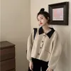 Koreaanse vintage kleur geblokkeerde gebreide vrouwen jas jas lente herfst single-breasted pockets mode dames tops jassen femme 210518