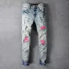 Men's Jeans Street Tide High Youth Pink Spell Genuine Leather Broken Patch Large Size Microelastic Black Men