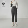 FANSILANEN Pantaloni casual a vita alta da donna Pantaloni neri dritti pieghettati Ufficio femminile elegante autunno inverno 210607