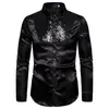 Men's Dress Shirts Men Satin Shiny Silk Wedding Shirt Long Sleeve Sequin Fitness Slim Male Blouse Top Ruffle292P