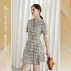 FANSILANEN Office Lady Blazer Collar Black With White Plaid Dress Women Summer High Waist A-line Skirt Casual 210607