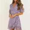 Kvinnors Lilac Wrap Klänning Sommar Elegant Flare Ärm Bohemian Print Mini Dress Sexig V-Neck Lady Dress 210419