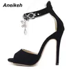 Aneikeh Schwarz Kristall Frauen Verschönert Wildleder Leder High Heel Sandalen Sexy Peep Toe Ankle Strap Strass Gladiator Schuhe 220222