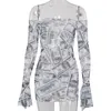 Money Print Flare Sleeve Sexy Off The Shoulder Mini Dress for Women New 2020 Mesh See Through Bodycon Club Dresses