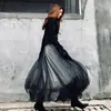 Gotik Dantel Patchwork Pileli Etek Kadınlar Siyah Yüksek Elastik Bel Ayak Bileği Uzunluk Etek Kadın Chic Mesh Parti Etekler Streetwear 210421