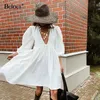 Bclout Casual Mini Fit and Flare Dress Women Puff Sleeve V Neck Black Party Dresses White Buttons Long Sleeve Autumn Vestido 210709