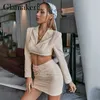 Glamaker Sexy cotton cropped blouse shirt and skirts suits Women office ladies elegant skirt set Autumn winter mini dresses suit 211119