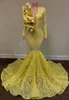 Robes de soirée longues DHL 2022 Sheer O-cou à manches longues jaune paillettes africaines noires filles bal de promo robes de gala vestido longo dourado