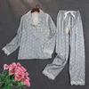 얼음 실크 잠옷 세트 여성 인쇄 파자마 긴 소매 단추 가을 겨울 집 정장 옷깃 섹시한 갈지개 레이스 Pijama 2Pack 210831
