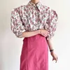 Korejpaa Kobiety Zestawy Letnie Koreańskie Chic Panie Western Style Lapel Single Breasted Rękaw Puff Koszula Koszula Wysoka talia Spódnica 210526