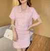 Zomer Korea Mode Vrouwen Twee Stuk Sets Elegante Mode Tweed Peter Pan Collar Korte Mouw Tops + Mini Rok Suit 210531