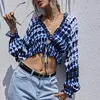 Women's Blouses & Shirts Women Sexy Deep V Neck Crop Tops Cardigan Blouse Tie Dye Lantern Sleeve Front Ruffle Hem Casual Loose Spring Croppe