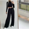 Sexy Deux Pièces Ensemble Femmes Skinny Col Roulé À Manches Longues Haut Court Et Élastique Large Jambe Pantalon Costume Élégant Femme Solide Survêtement 211116