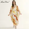 Moda Designer Runway Sukienka Wiosna Letnie Kobiety Dress V Neck Batwing Rękaw Geometria Drukuj Plus Size Maxi Dresses 210524