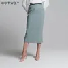 Wotcoy wysokiej talii owinięte spódnice Split Kobiety Elegancka Solidna Spódnica Ołówek Kobiet Slim Fit Zipper Mid-Calf Faldas Mujer Biuro Lady 210629