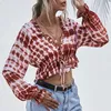 Women's Blouses & Shirts Women Sexy Deep V Neck Crop Tops Cardigan Blouse Tie Dye Lantern Sleeve Front Ruffle Hem Casual Loose Spring Croppe