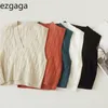 Ezgaga зимняя новая V-образная вырезок свитер жилет женщин повседневная без рукавов сплошные дамы вязаные топы все-матча жилет моды пуловер 210430