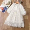 Spets långärmad barnklänningar för flickor Autumn Winter Party Children Clothing Flower Cake Tutu Ball Gown Princess Dress G220518