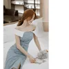 Hoge kwaliteit vrouwen sexy off shoulder korea jurken blauwe patchwork zomer jurk vestidos 210520