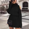 Autumn Winter Turtleneck Off Shoulder Knitted Sweater Dress Women Solid Slim Plus Size Long Pullovers Knitting Jumper 210426