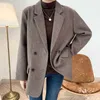 Jesień Zimowy Oversized Retro Pintstripe Woolen Blazer Kobiet Podwójne Breasted Długą Rękawę Luźne Kobiety Zagęścić Kurtka 210607