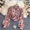 Spring French Retro Forest Print Blouse Female Wood Ears Lapel Puff Sleeve Blusa Loose and Thin Wild Shirt C620 210507