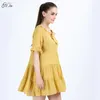 H.SA夏の黄色のドレスヴィンテージカスケードフリルMidi Vestidos Robe Bow Neck原宿パーティードレスKawaii Ukraine Robe 210716