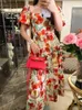 fruit flower printed puff sleeve summer holiday dresses for women luxury high quality hit color female robe boho 210421