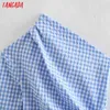 Dames Retro Blue Plaid Print Off Shoulder Long Sleeve Chic Vrouwelijke Shirt Tops 3R25 210416